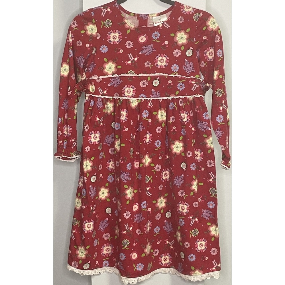 Vintage Hanna Andersson Girls Dress Size 140 Y2K Red Flowers Lace 100% Cotton